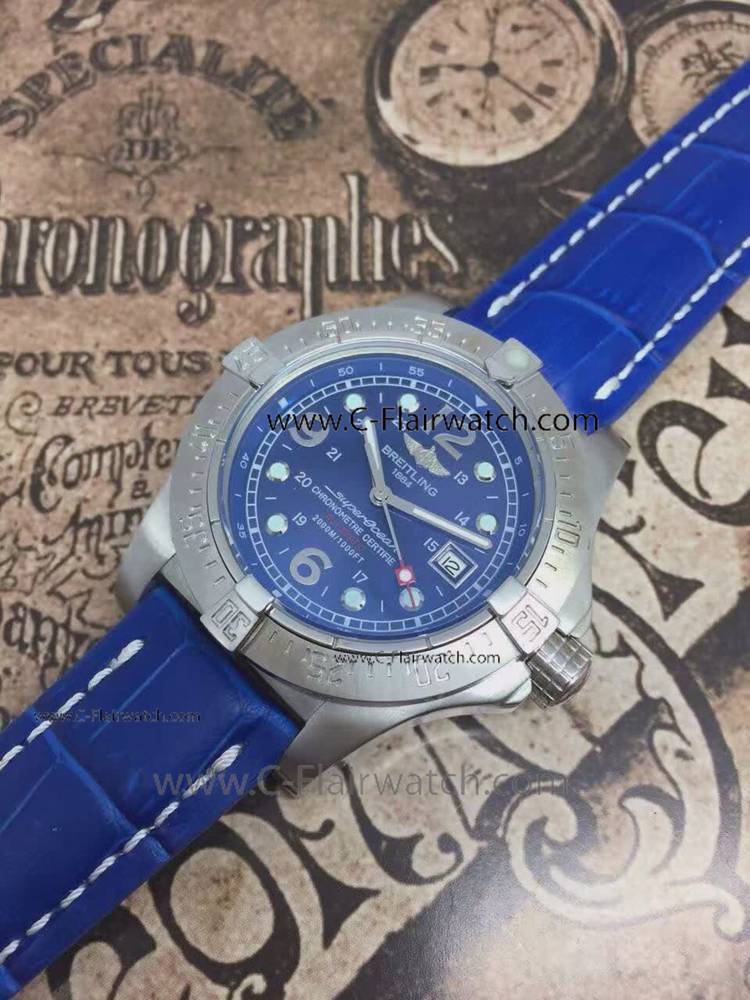Copy Breitling Superocean Mens Watch SS Blue Leather Strap